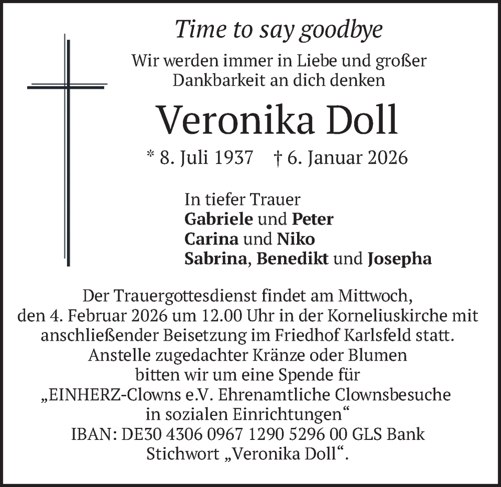  Traueranzeige für Veronika Doll vom 31.01.2026 aus merkurtz