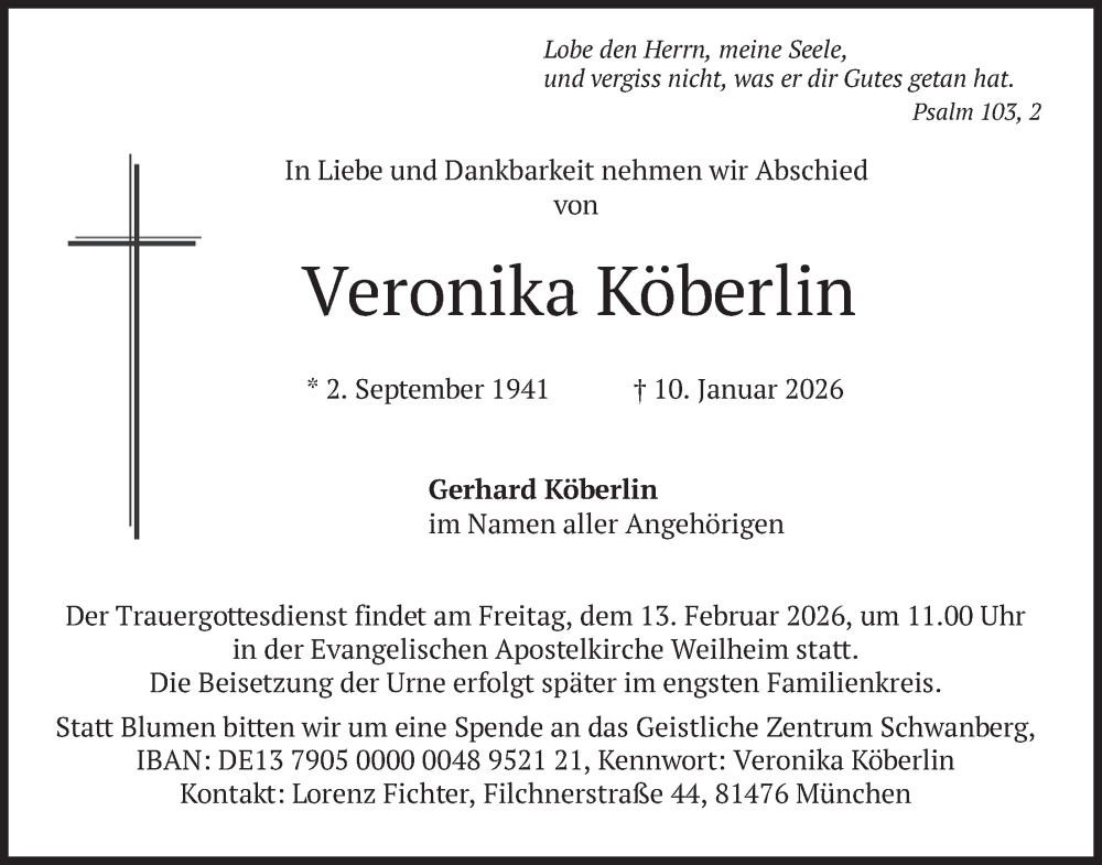  Traueranzeige für Veronika Köberlin vom 24.01.2026 aus merkurtz