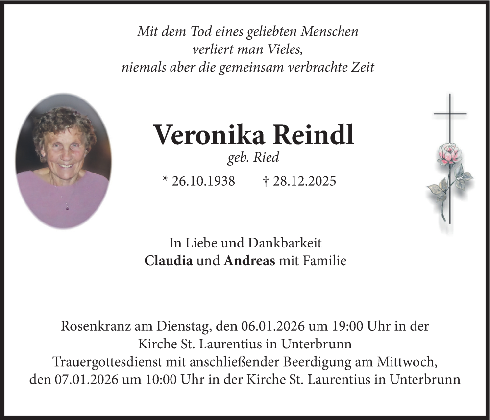  Traueranzeige für Veronika Reindl vom 03.01.2026 aus merkurtz