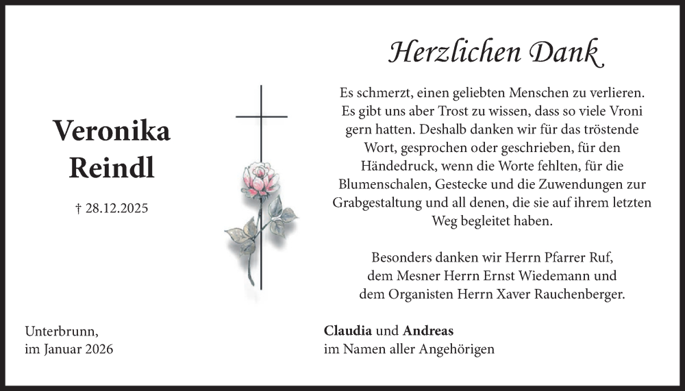  Traueranzeige für Veronika Reindl vom 17.01.2026 aus merkurtz
