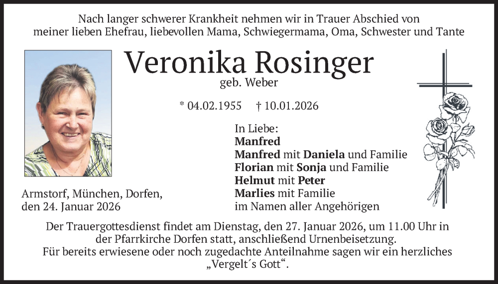  Traueranzeige für Veronika Rosinger vom 24.01.2026 aus merkurtz