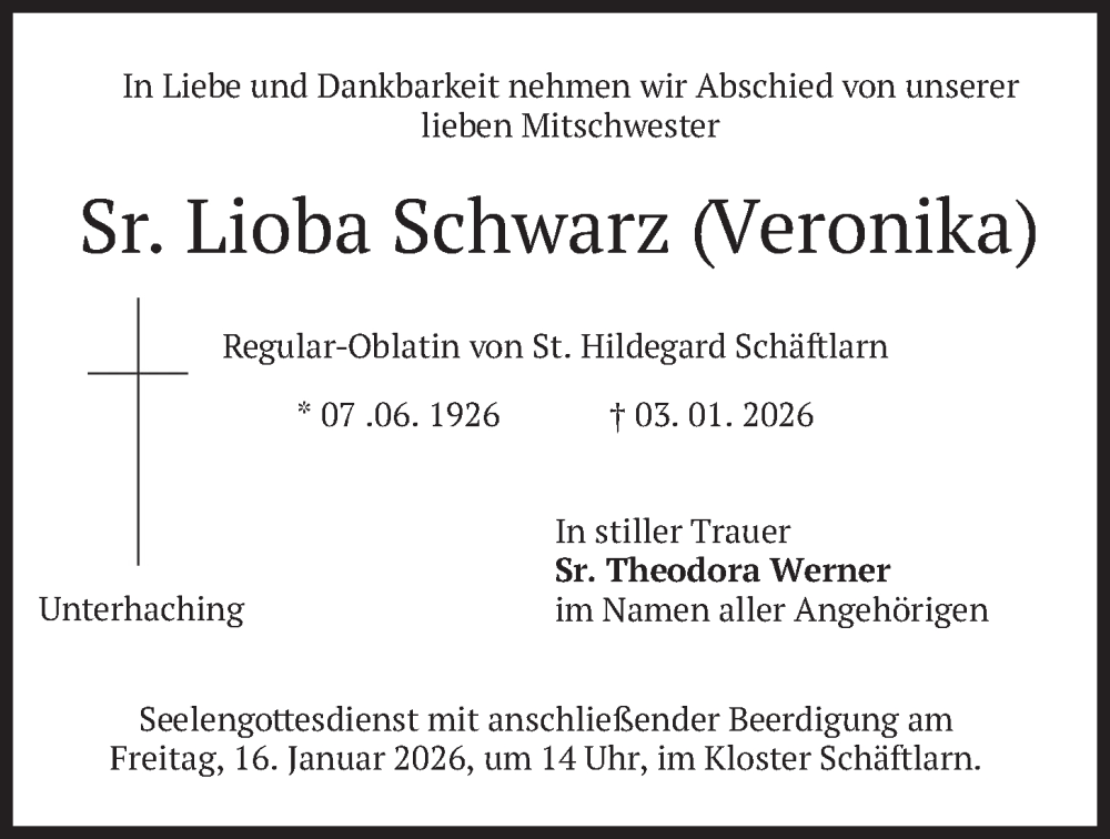  Traueranzeige für Veronika Schwarz vom 15.01.2026 aus merkurtz
