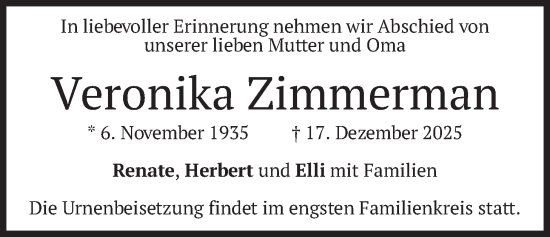 Traueranzeige von Veronika Zimmerman von merkurtz