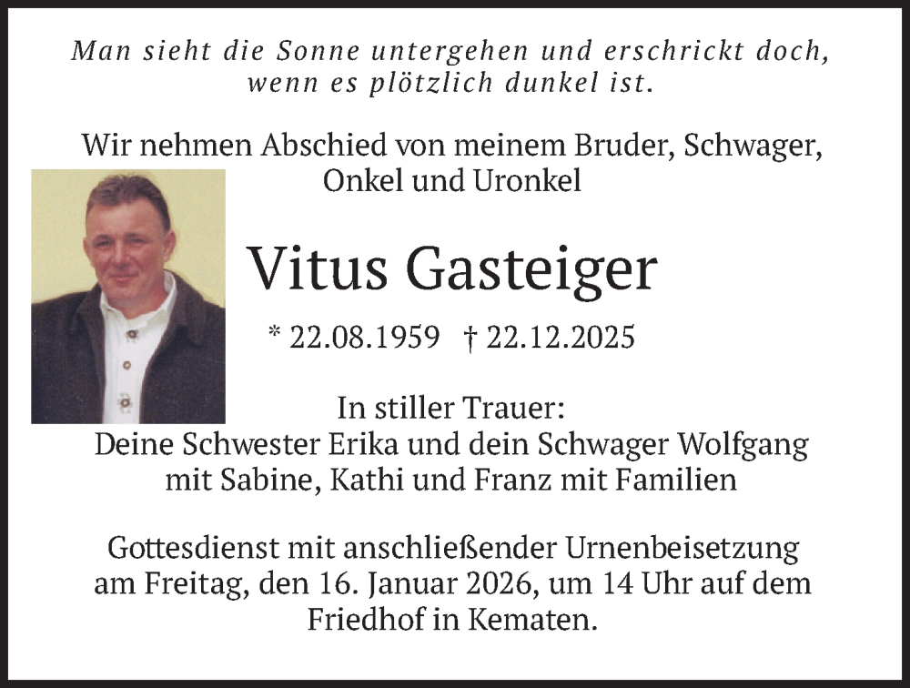  Traueranzeige für Vitus Gasteiger vom 10.01.2026 aus merkurtz