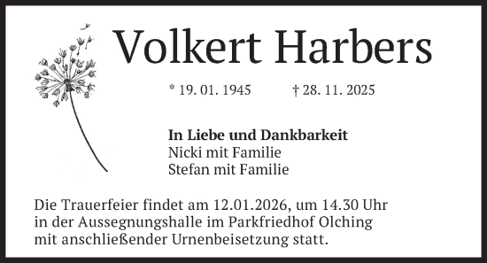 Traueranzeige von Volkert Harbers von merkurtz