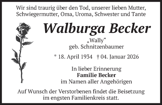 Traueranzeige von Walburga Becker von merkurtz