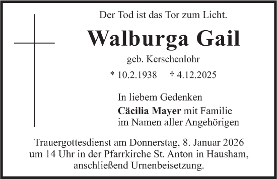 Traueranzeige von Walburga Gail von merkurtz