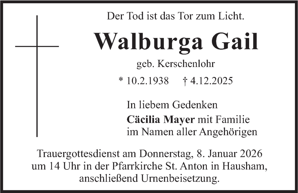  Traueranzeige für Walburga Gail vom 03.01.2026 aus merkurtz