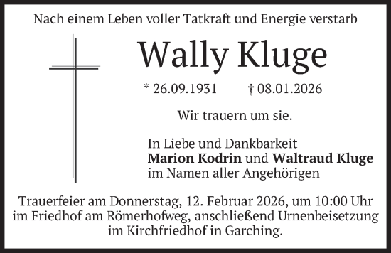 Traueranzeige von Wally Kluge von merkurtz