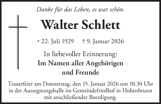 Traueranzeige von Walter Schlett von merkurtz