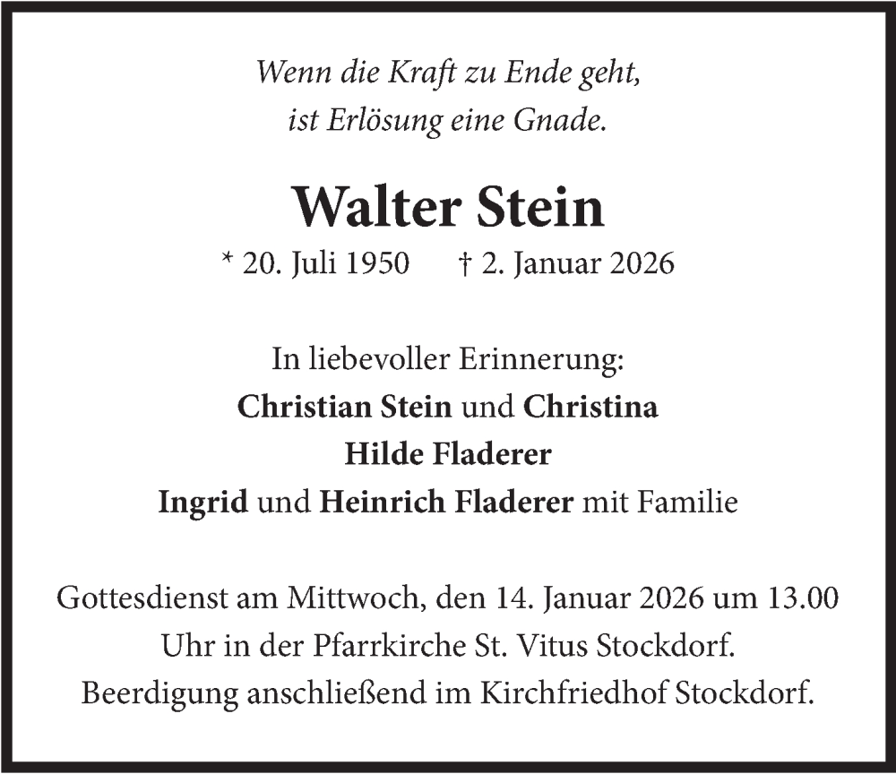  Traueranzeige für Walter Stein vom 10.01.2026 aus merkurtz