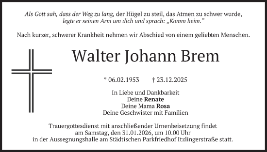 Traueranzeige von Walter Johann Brem von merkurtz
