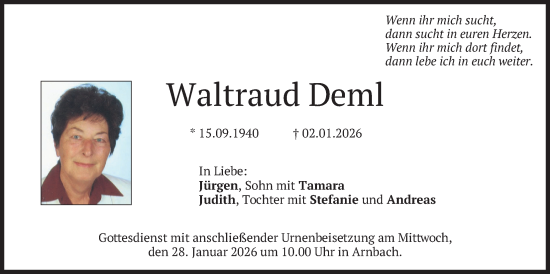 Traueranzeige von Waltraud Deml von merkurtz
