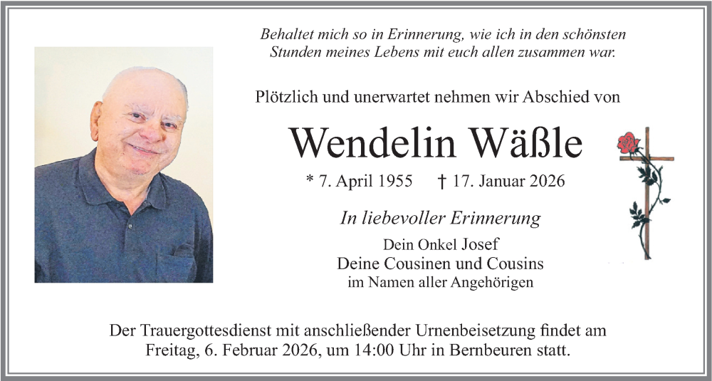  Traueranzeige für Wendelin Wäßle vom 31.01.2026 aus merkurtz