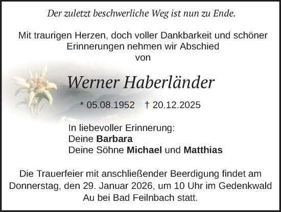 Traueranzeige von Werner Haberländer von merkurtz
