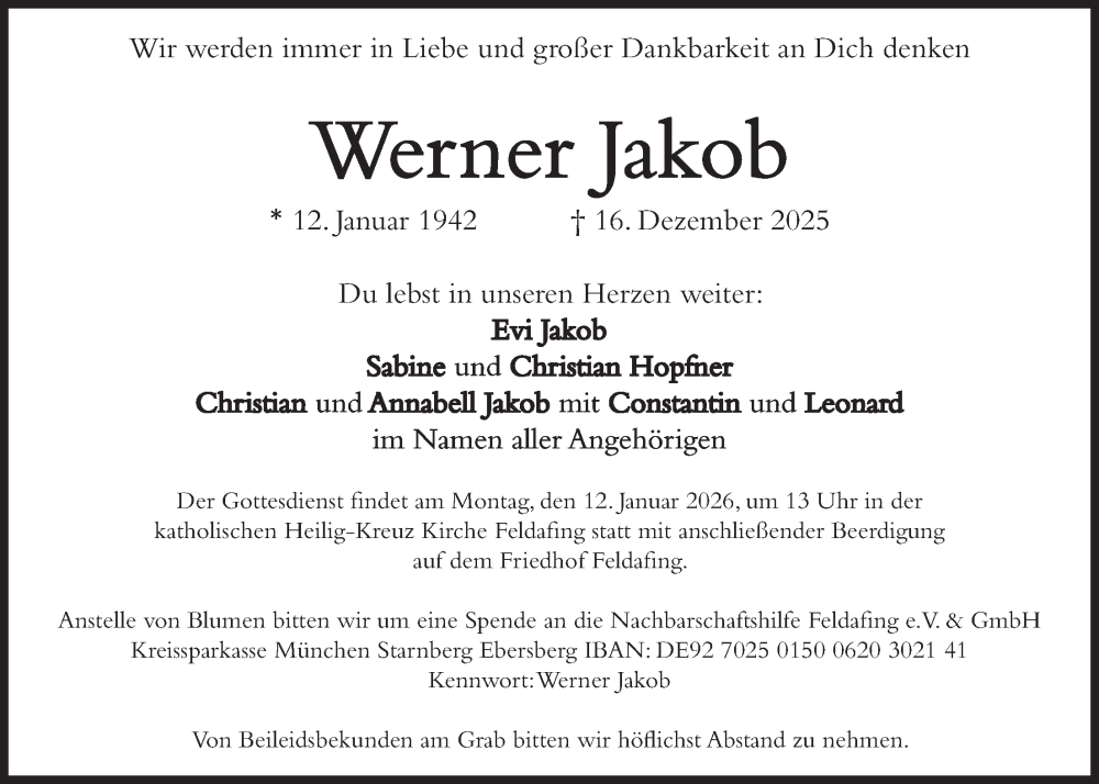  Traueranzeige für Werner Jakob vom 07.01.2026 aus merkurtz