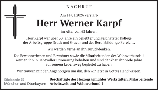 Traueranzeige von Werner Karpf von merkurtz