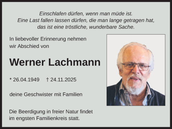 Traueranzeige von Werner Lachmann von merkurtz