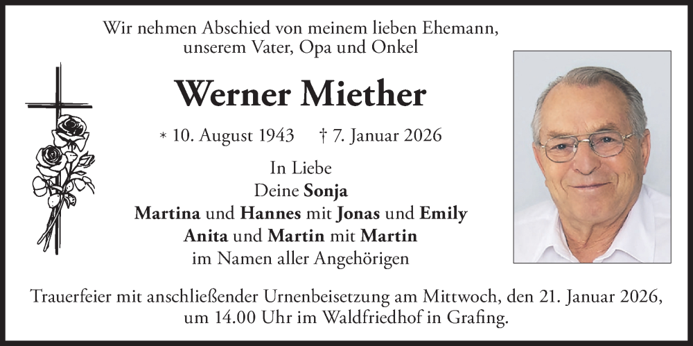  Traueranzeige für WErner Miether vom 20.01.2026 aus merkurtz
