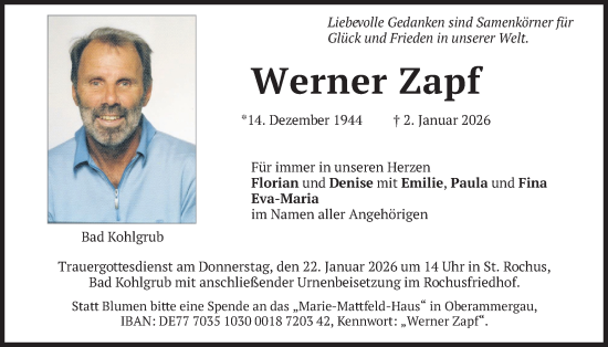 Traueranzeige von Werner Zapf von merkurtz