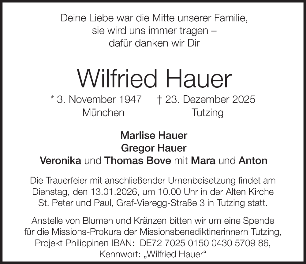  Traueranzeige für Wilfried Hauer vom 03.01.2026 aus merkurtz
