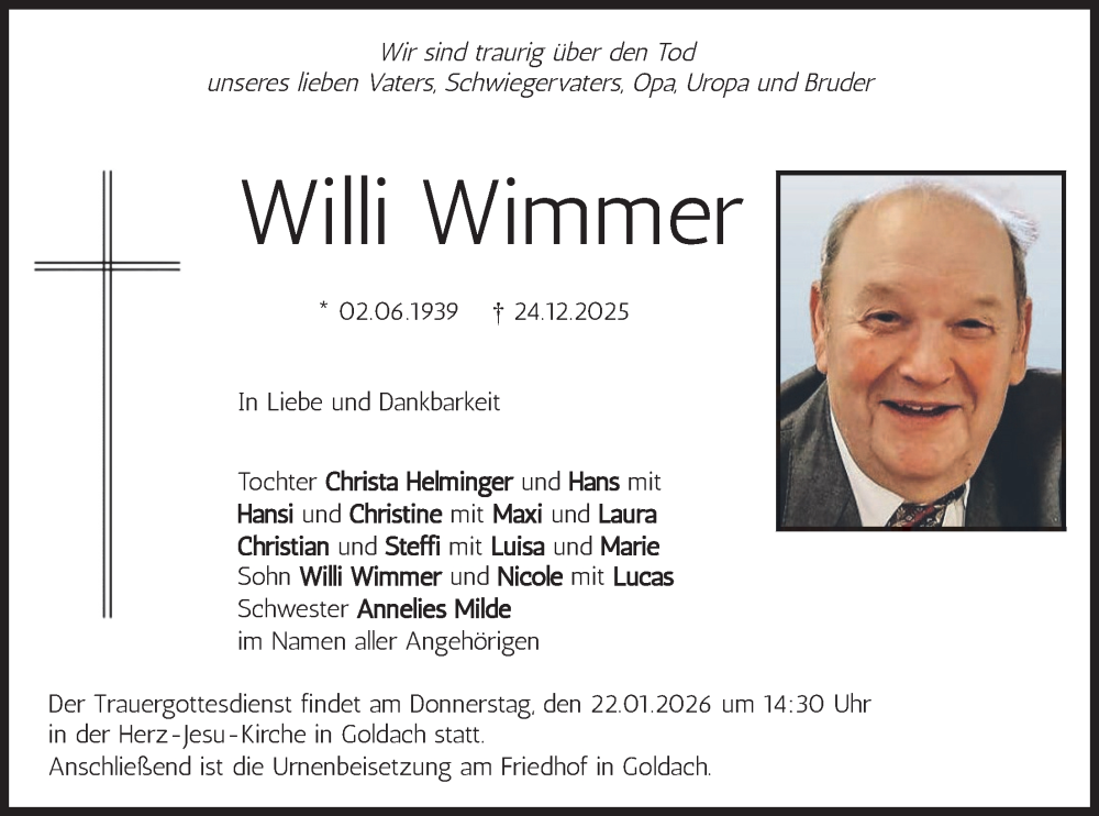  Traueranzeige für Willi Wimmer vom 17.01.2026 aus merkurtz