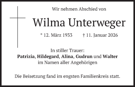 Traueranzeige von Wilma Unterweger von merkurtz