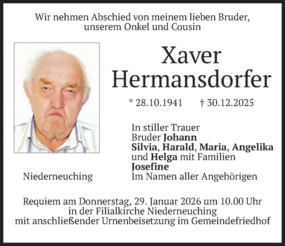  Traueranzeige für Xaver Hermansdorfer vom 24.01.2026 aus merkurtz