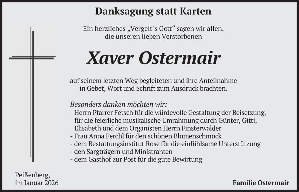  Traueranzeige für Xaver Ostermair vom 23.01.2026 aus merkurtz