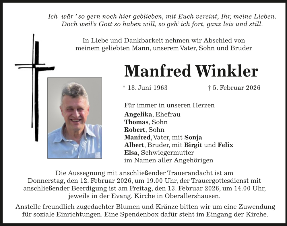  Traueranzeige für Manfred Winkler vom 10.02.2026 aus merkurtz