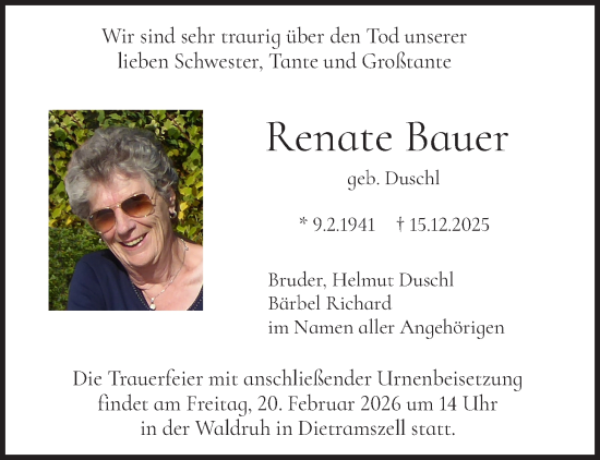 Traueranzeige von Renate Bauer von merkurtz