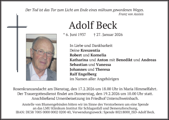 Traueranzeige von Adolf Beck von merkurtz