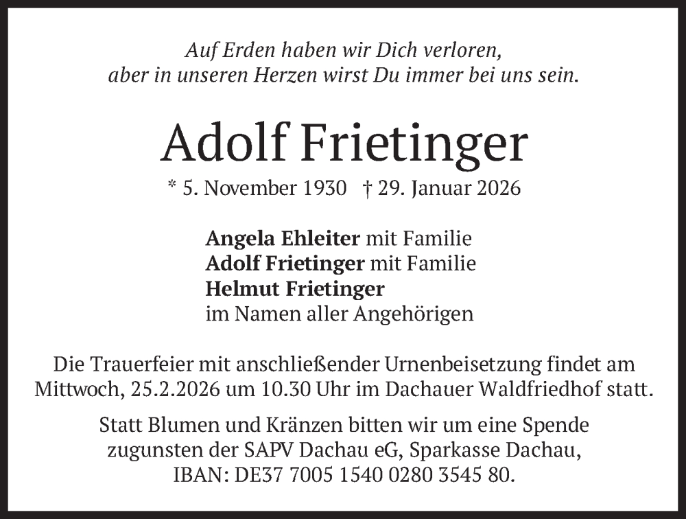  Traueranzeige für Adolf Frietinger vom 07.02.2026 aus merkurtz