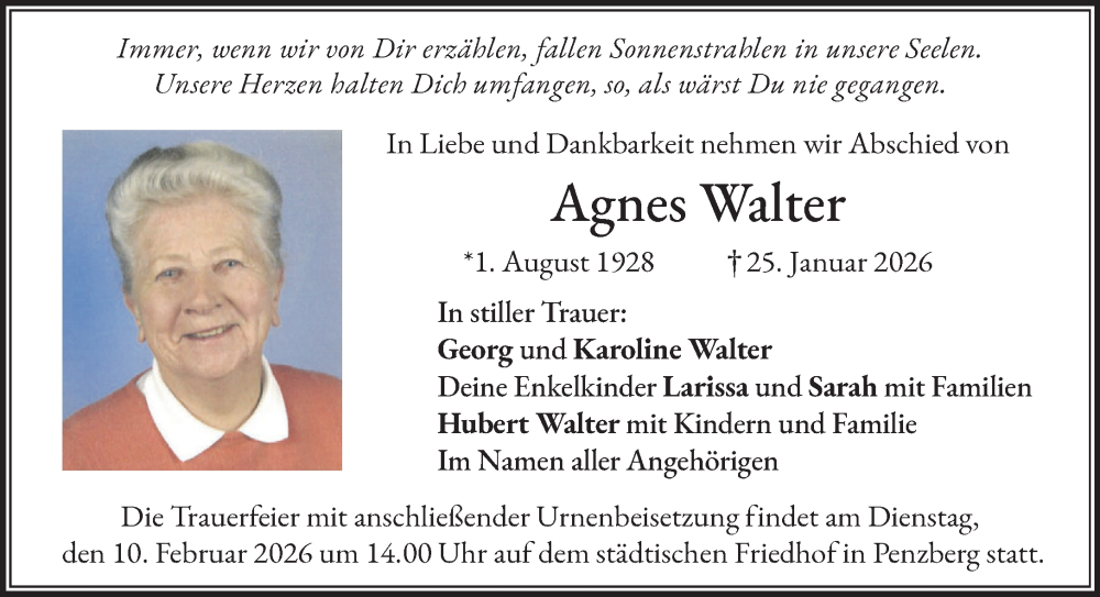  Traueranzeige für Agnes Walter vom 07.02.2026 aus Das Gelbe Blatt Penzberg