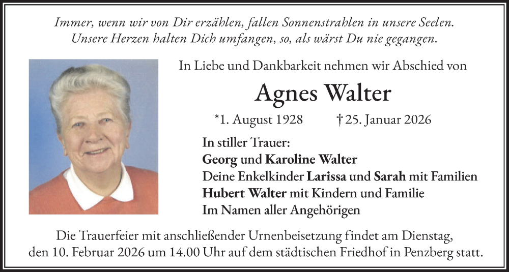  Traueranzeige für Agnes Walter vom 04.02.2026 aus merkurtz