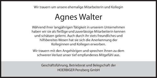 Traueranzeige von Agnes Walter von merkurtz