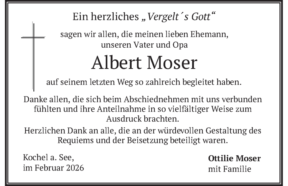  Traueranzeige für Albert Moser vom 14.02.2026 aus merkurtz