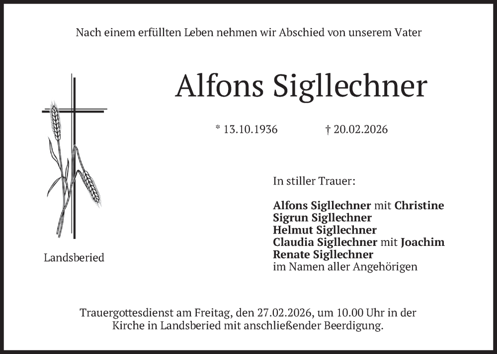  Traueranzeige für Alfons Sigllechner vom 24.02.2026 aus merkurtz