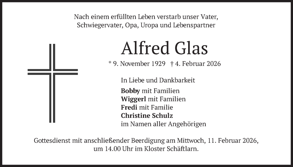  Traueranzeige für Alfred Glas vom 07.02.2026 aus merkurtz