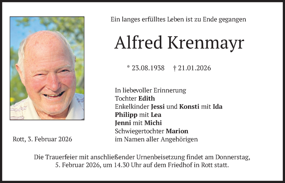 Traueranzeige für Alfred Krenmayr vom 03.02.2026 aus merkurtz