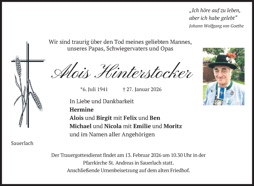  Traueranzeige für Alois Hinterstocker vom 07.02.2026 aus merkurtz
