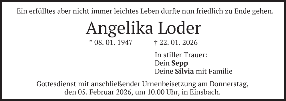  Traueranzeige für Angelika Loder vom 03.02.2026 aus merkurtz
