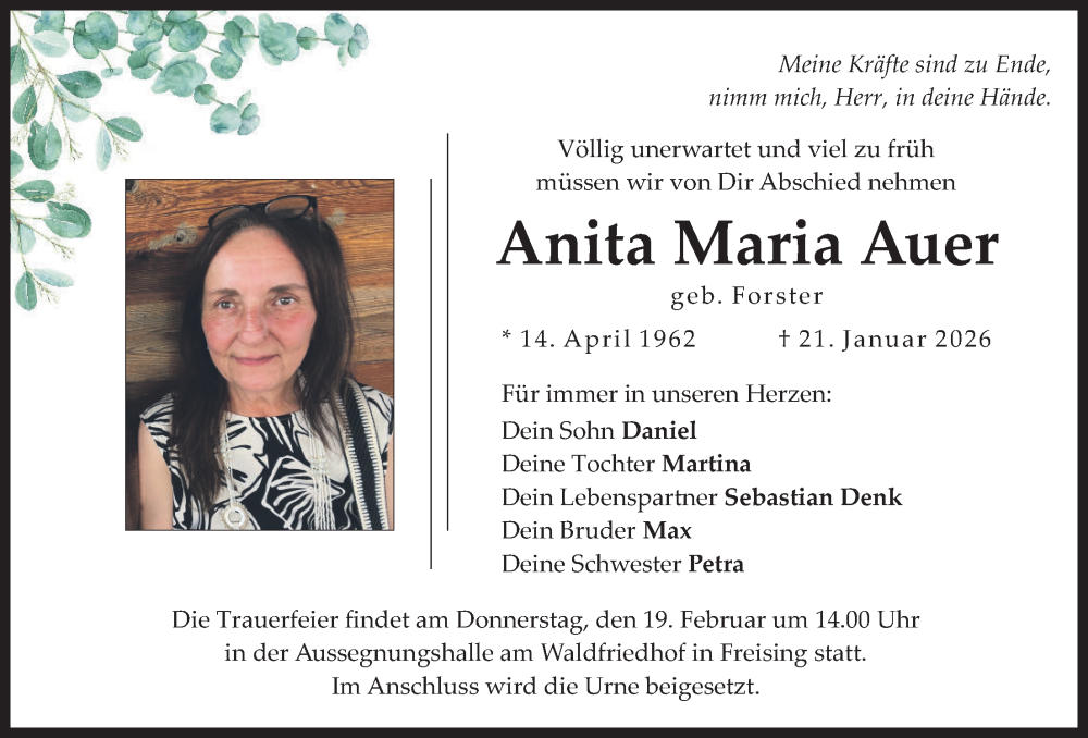  Traueranzeige für Anita Maria Auer vom 14.02.2026 aus merkurtz