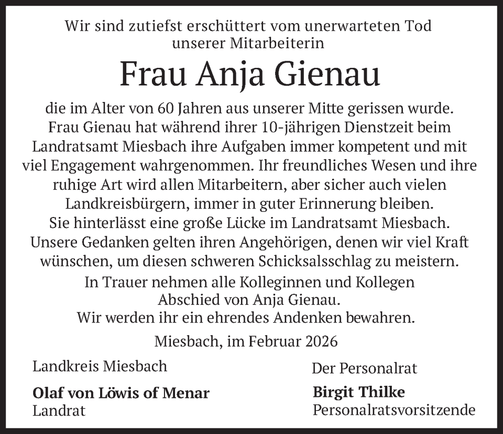  Traueranzeige für Anja Gienau vom 14.02.2026 aus merkurtz