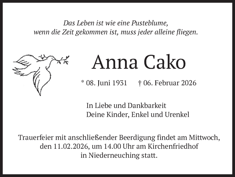  Traueranzeige für Anna Cako vom 10.02.2026 aus merkurtz