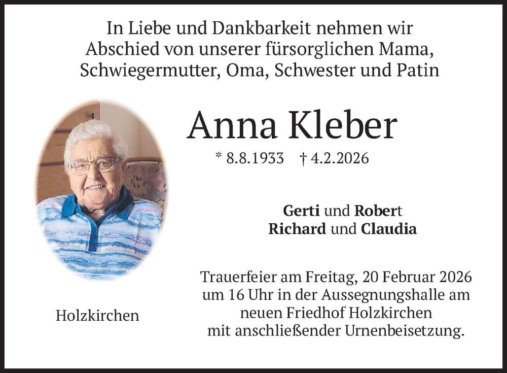  Traueranzeige für Anna Kleber vom 14.02.2026 aus merkurtz
