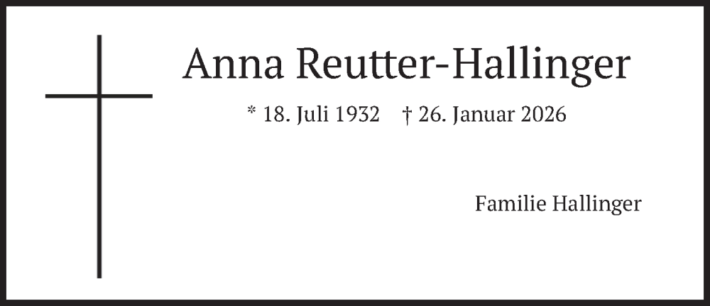  Traueranzeige für Anna Reutter-Hallinger vom 03.02.2026 aus merkurtz