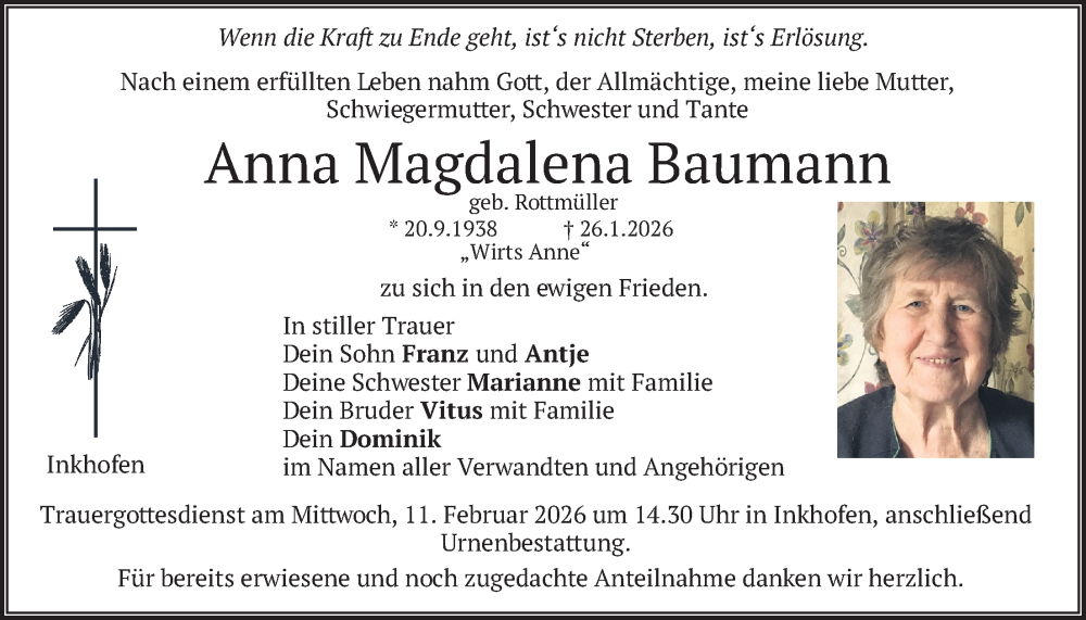  Traueranzeige für Anna Magdalena Baumann vom 07.02.2026 aus merkurtz