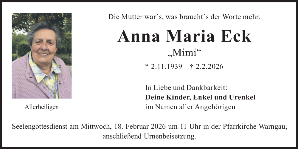  Traueranzeige für Anna Maria Eck vom 14.02.2026 aus merkurtz