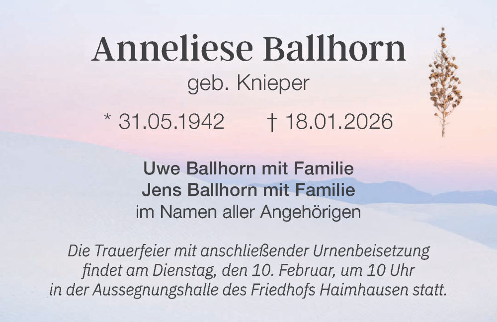 Traueranzeige für Anneliese Ballhorn vom 05.02.2026 aus merkurtz